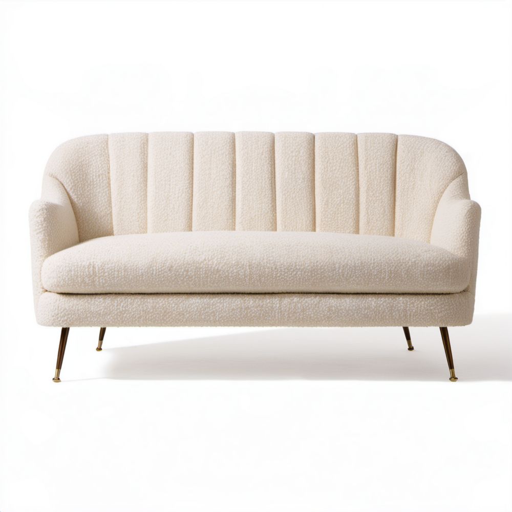 Kremowa sofa dwuosobowa z tkaniny bouclé ze złotymi metalowymi nogami, 150 x 80 x 78 cm