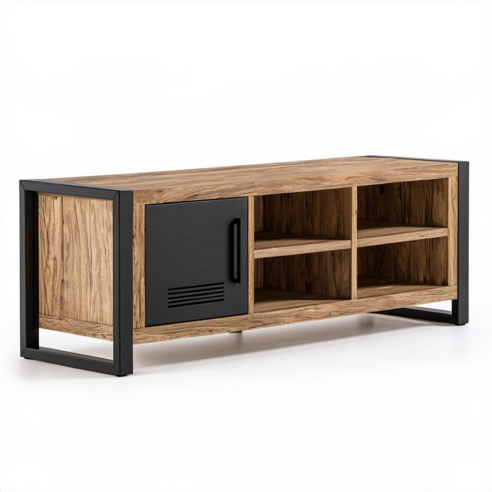 Szafka RTV industrialna z płyty MDF i stali, dąb naturalny/czarna, 140 x 40 x 55 cm