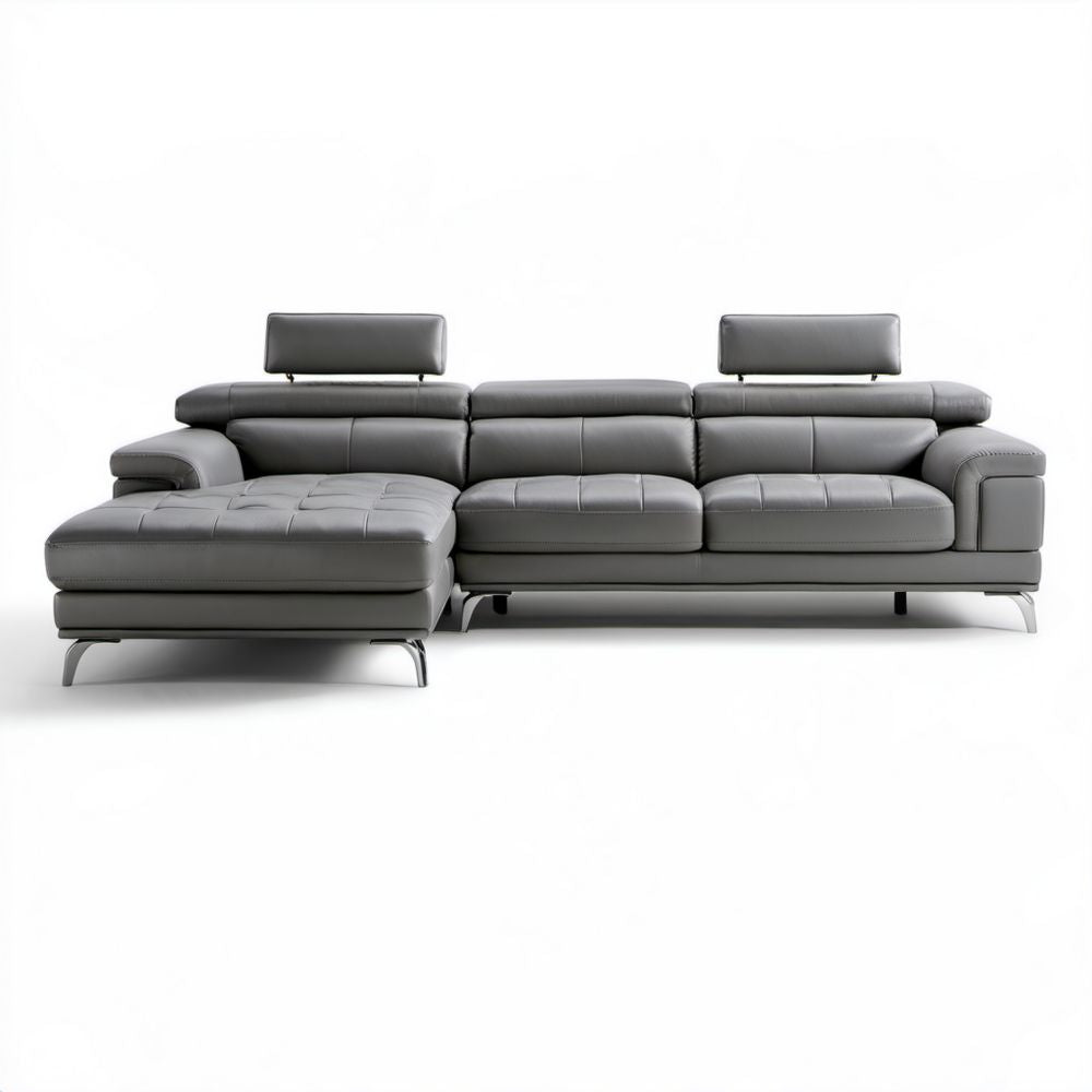 Szara sofa narożna 3-osobowa z lewostronną leżanką, tapicerowana skórą PU, 280 × 165 × 98 cm