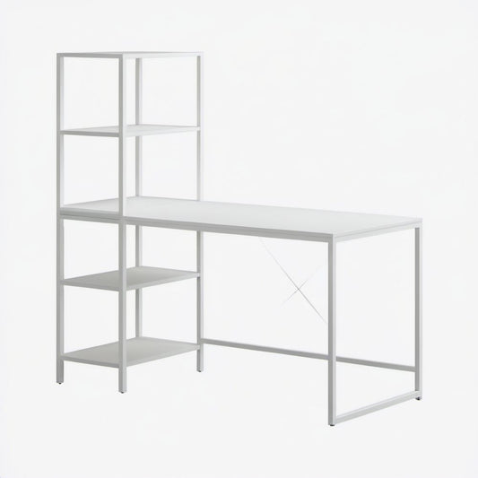 Białe biurko komputerowe z regałem ze stali i płyty MDF 120 x 60 x 150 cm